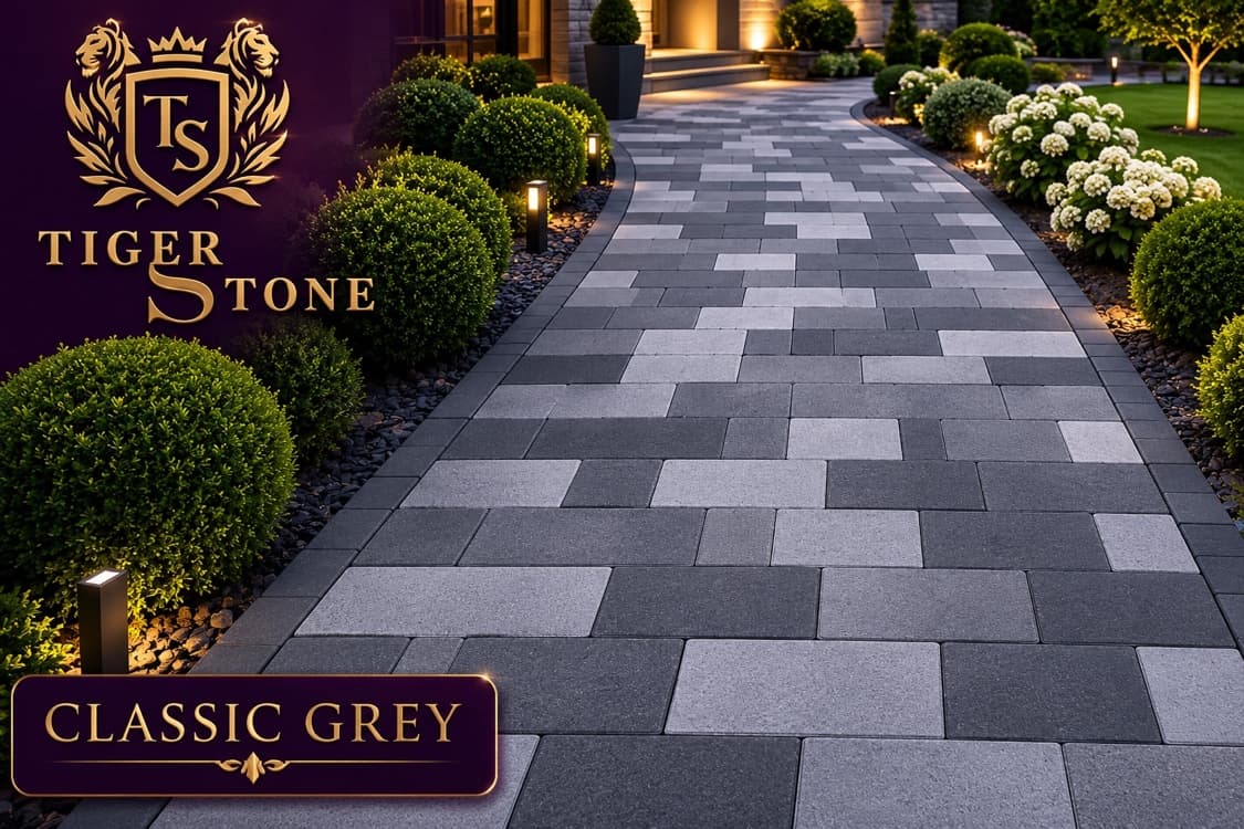 Classic Grey interlocking pavers laid on a garden path