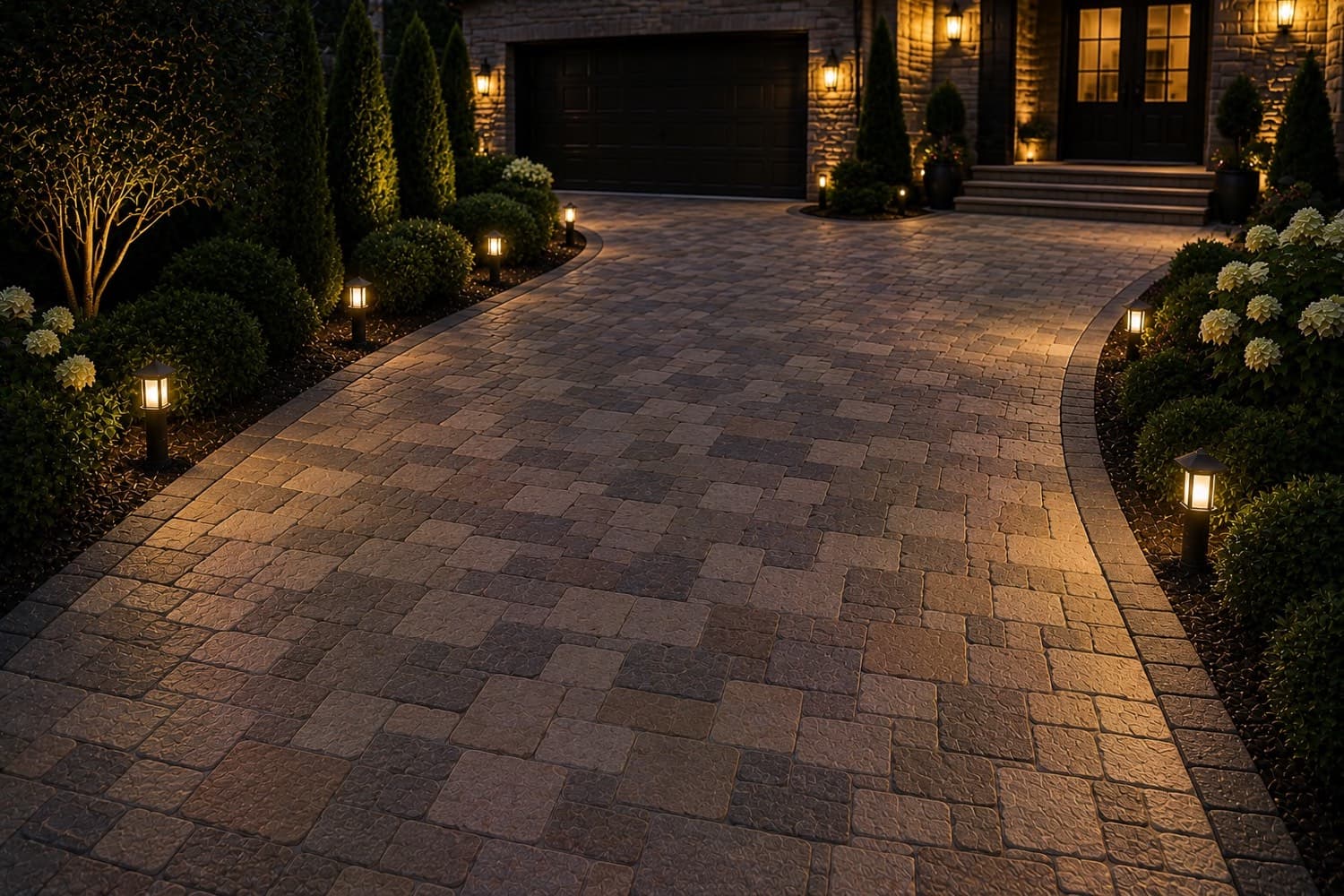 Tan paver driveway leading to a villa entrance