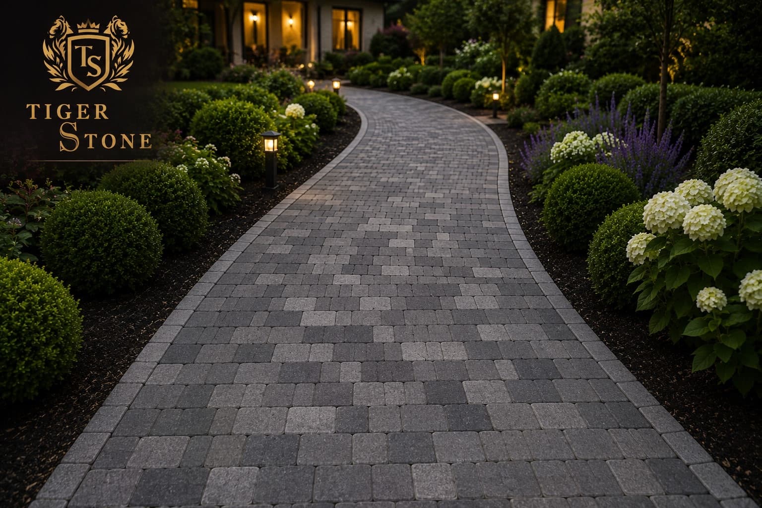 Grey pavers forming a curved garden walkway at dusk