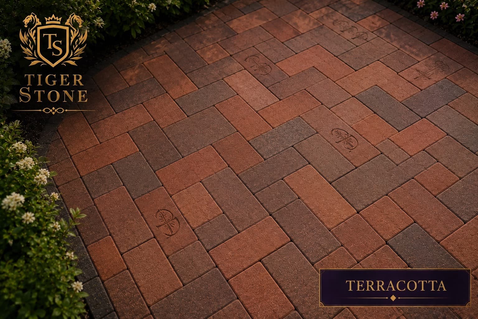 Terracotta herringbone pavers in warm red tones